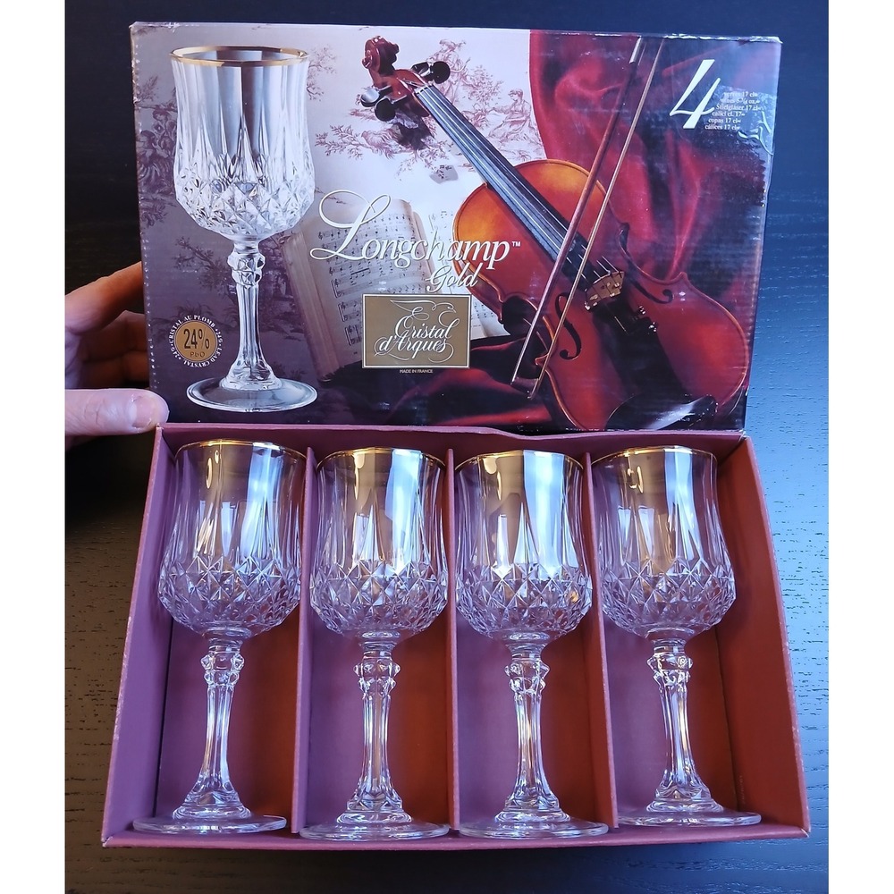 Cristal d'Arques Longchamp Gold Wine Glasses Set of 4 Lead Crystal Made - France